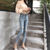 2021 autumn and winter New Blue high waist elastic hole jeans female slim pencil small foot ankle-length pants