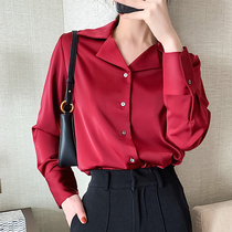  JACOOBS scarlet satin shirt womens design sense niche suit collar retro Hong Kong temperament drape