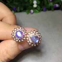 Luxury Bilayer Florid Korean version Moonlight women love 925 silver inlaid 5 mm natural blue rhymes moonstone ear nails