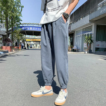 ins Gangfeng summer casual pants mens trend loose trousers drawstring leg pants nine-point wide leg pants Tide pants