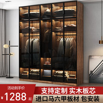 Solid wood wardrobe Modern simple glass door swing door household bedroom custom light luxury cloakroom Nordic large wardrobe