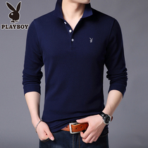  Playboy spring and Autumn mens long-sleeved t-shirt solid color lapel slim-fitting polo shirt mens middle-aged casual top clothes