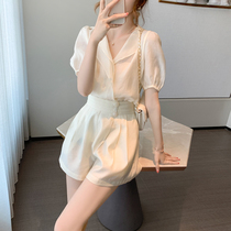 Hong Kong style set womens retro chic summer new 2021 womens chiffon age reduction fashion two-piece foreign womens