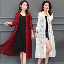 Lace hollow cardigan long sleeve outside female summer new thin shawl over knee cape coat thin sunscreen coat