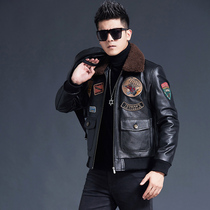 Mens leather jacket jacket jacket jacket Air Force flight suit short lapel leather head layer cowhide wool plus cotton winter warm