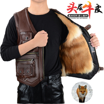 Leather cowhide vest middle-aged men autumn and winter leather wool one wool vest thick cotton waistcoat for the elderly father