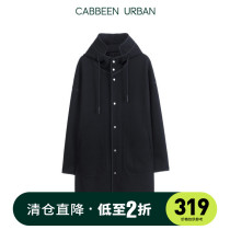 Cabin City mens hooded coat medium and long black simple light business casual loose warm jacket