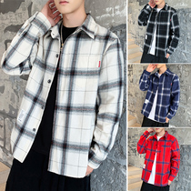 Mens Japanese Harajuku plaid shirt Net red summer thin loose handsome jacket Korean trend long sleeve shirt