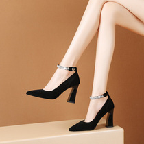 2020 autumn black high heels womens thick heels temperament pointed head one-word belt leather shallow mouth single shoes matte womens shoes summer