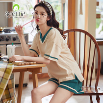 Pure cotton pyjamas female Xia Han version cute casual thin section minimalist V collar short sleeves Two sets Summer home Suits Suit
