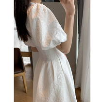 White womens dress 2021 summer new waist size short sleeve French temperament fan bubble sleeve Medium-length dress