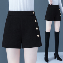 Black woolen shorts female in autumn and winter 2022 new high waist straight leg pants are slim outer wearing blast boot pants