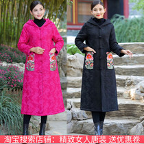 2021 autumn and winter elderly womens hooded long cotton coat National style embroidered cotton jacket mother cotton coat women