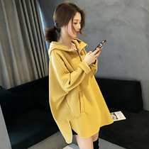 Pregnant women autumn coat 2021 New loose Tweed long sweater hooded fashion autumn winter mother dress