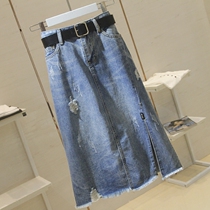 Korean denim skirt womens 2020 spring and summer new high waist thin hole in the long split one-step A-line skirt