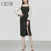 CKSM2021 new womens fashion temperament square collar contrast color slim-fit long skirt skirt lantern sleeve waist dress