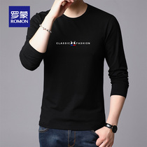 Romon T-shirt mens casual print black new round neck handsome fashion long sleeve stretch stretch mens