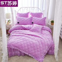Korean bed podium Crystal velvet four-piece set autumn and winter warm double-sided velvet lace thickened coral velvet cotton European bedspread