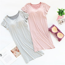 Sale clearance Short-sleeved striped modal night dress Womens summer with chest pad Spring and autumn long thin pajamas home clothes