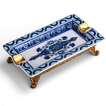 Gelon cigar ashtray ceramic European style retro blue and white porcelain pattern copper smoke groove carved base large ornaments