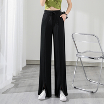 Split wide leg pants high waist hanging womens 2021 loose straight casual sports summer thin section mopping pants ice silk