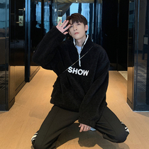 Hualun zipper high neck lamb hair oversize sweatshirt men winter plus plus thick tide ins top