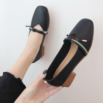 Tide brand 2021 new with a word button evening womens shoes bow milk shoes square head shallow coarse heel single shoes women