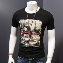 Tide brand summer mens short-sleeved t-shirt round neck slim clothes printing pattern half-sleeved Korean version of the cotton trend mens clothing