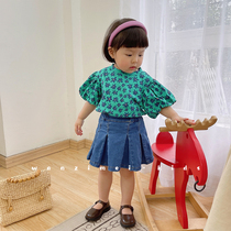 SASAs Meatball Girl Green Floral bubble sleeve Short-sleeved T-shirt