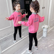 Girls sweatclothes autumn and winter 2021 new childrens winter clothes thick coat medium children plus velvet Korean fake two-piece coat