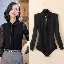Black temperament conjoined shirt women's 2021 new Joker professional Han Fan high-end chiffon jacket sleeve shirt summer
