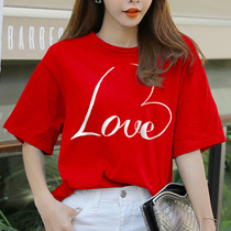 Body women 2021 new summer love printed cotton half sleeve shirt red T-shirt women short sleeve loose Korean tide