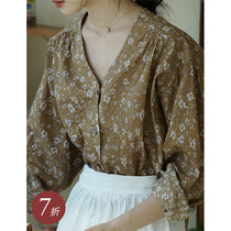 (French country series)Spring and summer 2021 new micro-wrinkled texture printed long-sleeved sunscreen shirt