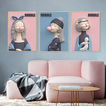 Bubble girl modern simple living room hanging painting figure sofa background wall mural Nordic style triple decorative painting