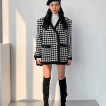 Korean official website winter new Crazy girls sweet little fragrance collarless plaid jacket coat