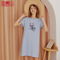 Three gun nightgown women Summer home dress summer color strip Shu skin cotton round neck short sleeve womens pajamas cotton 70327