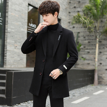 Mens winter casual wool woolen woolen coat Korean slim trend woolen coat thick medium and long windbreaker men