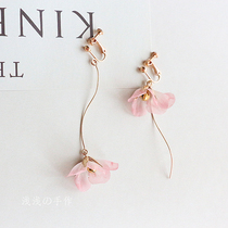 Original handmade petal pierced female ear clip cold wind earrings Super fairy long style Forest Korean flower girl