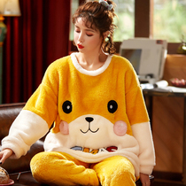 Pajamas Teenage Girl Autumn Winter Thickened Coral Suede Adorable Warm Round Collar Comfort home Two sets of sweet and beautiful cartoons