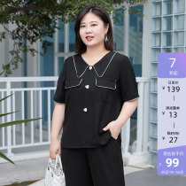 MSShe big code womens dress 2022 new summer dress fat mm chain turned collar blouse nail bead patch pocket pituitary shirt