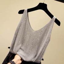 South Korean sexy sashimi V collar harness vest female reworked hot and drilled ice silk thin section foreign air sleeveless blouse outside wearing summer
