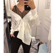 2019 early spring new black sexy lace suspenders stitching white silk shirt female fake two long sleeve top