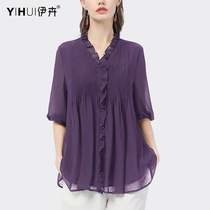 Summer short sleeve loose snow-shirt woman 2022 new cover belly big code foreign air small shirt with slim shirt v collar blouse