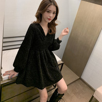 V-neck sequin dress women autumn and winter 2021 new waist thin temperament bottom skirt Hepburn wind small black dress