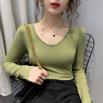 Net red beating undershirt with a hitch 100 lap V lead long sleeve t-shirt woman autumn winter sexy dew collarbone tight blouse
