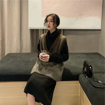 Vest set women 2020 spring new small loose slim turtleneck sweater knitted dress two-piece