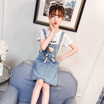 Next win girls Summer Sweet suit 2021 New Fashion children denim strap skirt two-piece tide