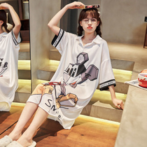 Nightdress womens summer short-sleeved Ice Silk thin cartoon Mickey Long sexy summer silk pajamas home clothes