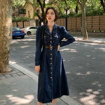 SYT harbor style temperament single-breasted waist denim dress vintage Medium-length dress Spring and Autumn new long sleeve skirt children