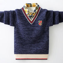 Winter new middle school boy plus velvet thickened fake two-piece sweater warm pullover integrated velvet fashion sweater